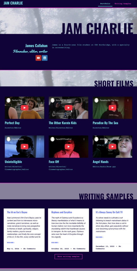 Screenshot of the home page of jamcharlie.com website